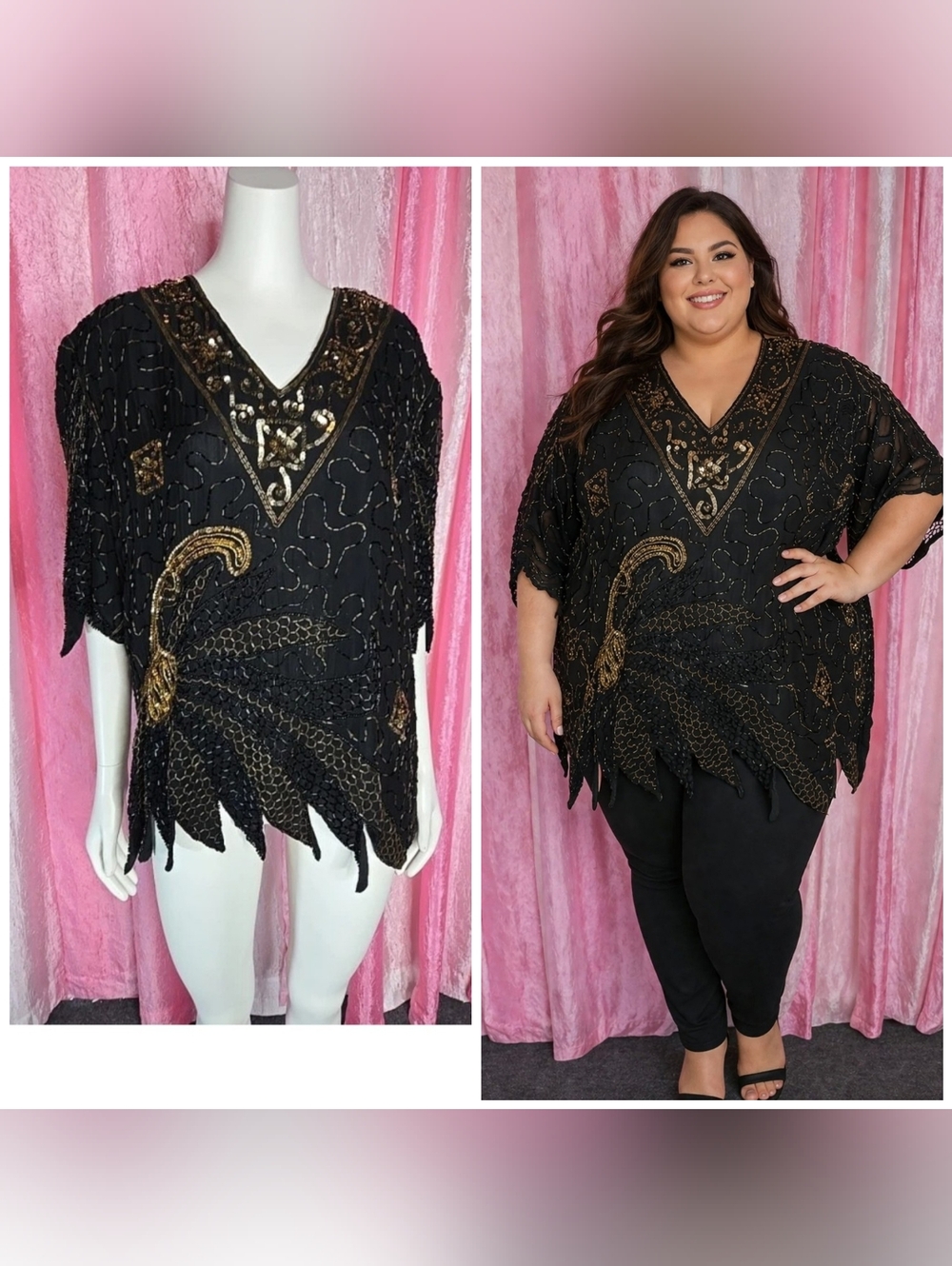 Gold Star Vintage Black Golf Exquisite Sequin Beaded Cocktail Blouse Size 3X